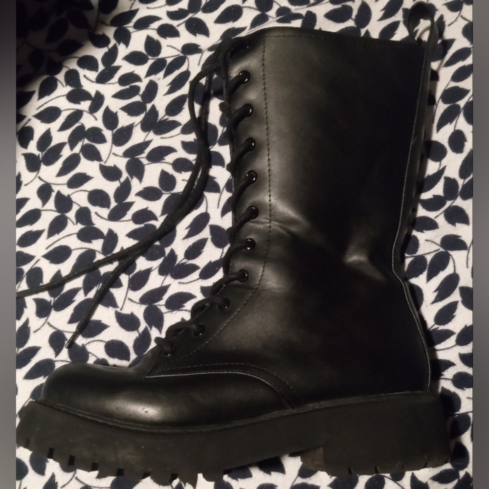 Monki Black Lace-Up Platform Heeled Combat Boots